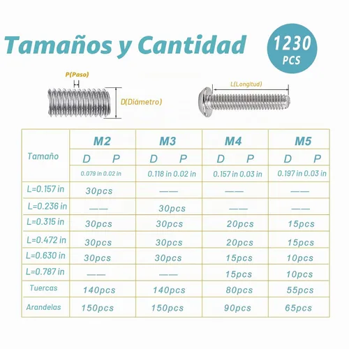 Vista 2 de Kadrick 1230 piezas de tornillos de acero inoxidable 304, surtido métrico M2 M3 M4 M5, kit de pernos de cabeza hexagonal de botón de 4mm-20mm