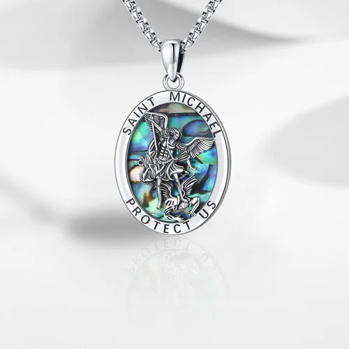 Vista 7 de Collar de plata de ley S925 con amuleto de San Patrón, Medalla de protección para hombres y mujeres