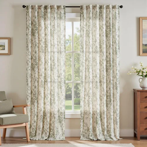 Vista 19 de Jinchan Cortinas de Mezcla de Lino con Estampado Floral para Sala de Estar, 84 Pulgadas de Largo, Cortinas con Bolsillo para Varilla y Tab Trasera
