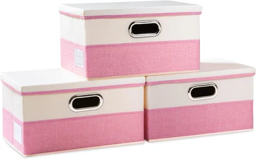 Vista 36 de PRANDOM Contenedores de almacenamiento con tapas [paquete de 3] cajas de almacenamiento plegables de tela de lino, canastas organizadoras, cubos