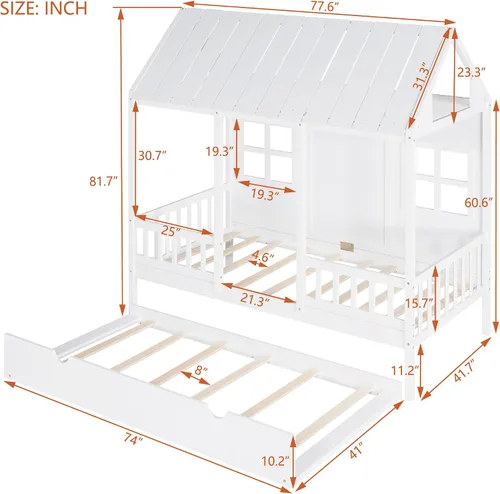Vista 2 de Harper & Bright Designs Cama de casa de tamaño individual con cama nido de tamaño individual, sofá cama de madera, cama de plataforma con techo