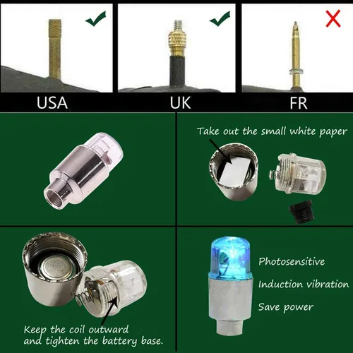 Vista 2 de 4 piezas de luces LED para rueda de bicicleta, tapones para válvulas de neumáticos de automóvil, tapas de vástagos de bicicleta, motocicleta