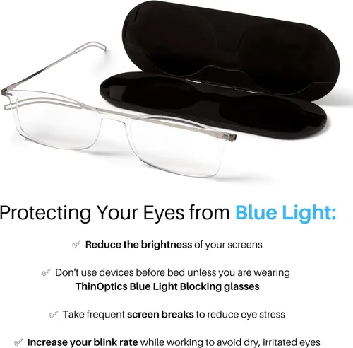 Vista 7 de ThinOptics Frontpage - Gafas de lectura para computadora con bloqueo de luz azul y funda de aluminio Milano, Rectángulo/transparente