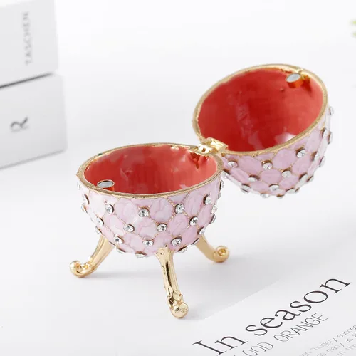 Vista 4 de Ingbear Estatuilla de huevo rosa Faberge con bisagras, regalo único para el día de la madre, joyero esmaltado chapado a mano, adornos