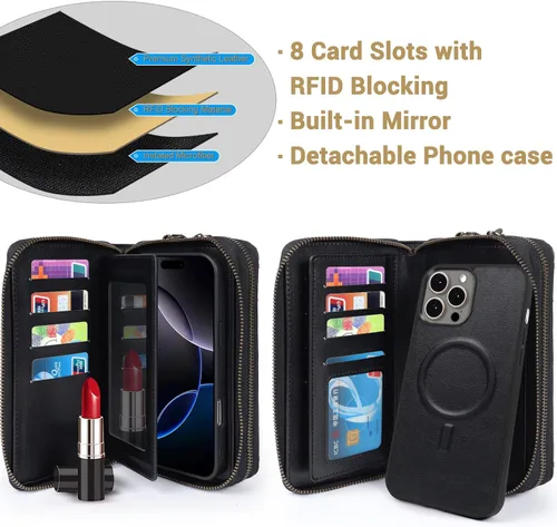 Vista 4 de Harryshell Funda compatible con iPhone 13 Pro Max de 6.7 pulgadas 2021, con múltiples cremalleras, funda magnética desmontable con ranuras para Negro
