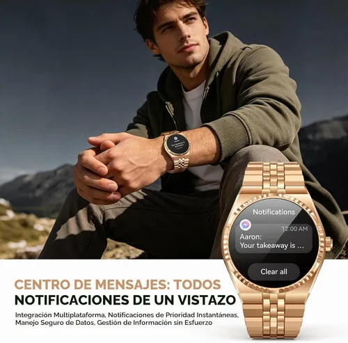 Vista 5 de Reloj inteligente de lujo para negocios, pantalla AMOLED HD de 1.32 pulgadas, llamadas Bluetooth 5.4, correa de acero inoxidable, más de 160 modos