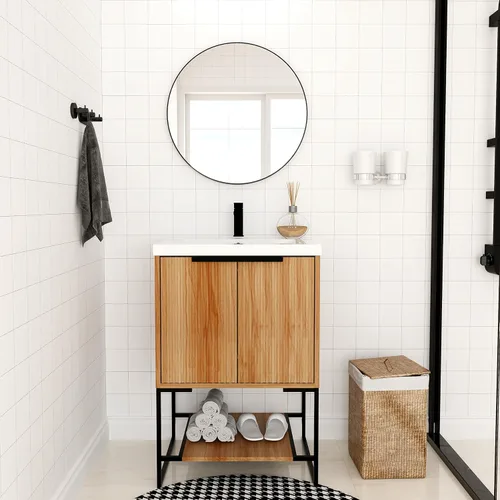Vista 14 de Tocador de baño negro de 30 pulgadas con fregadero, tocador de baño independiente, tocador de baño, armario de tocador, 2 cajones y 1 estante abierto