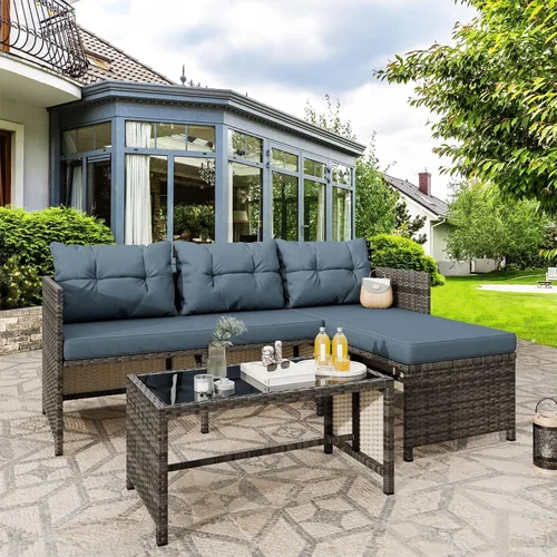 Vista 9 de Vongrasig Juego de muebles de patio de 3 piezas, sofá seccional de mimbre PE para todo tipo de clima, juego de conversación pequeño para Beige