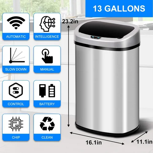 Vista 2 de Cubo de basura automático de acero inoxidable sin contacto de 13 galones con sensor de movimiento electrónico sin contacto con tapa, para el hogar