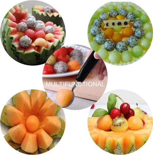 Vista 3 de 4 piezas de cuchara de bola de helado de fruta de doble extremo, bola de melón de acero inoxidable, bolas de melón redondas lisas para sandía