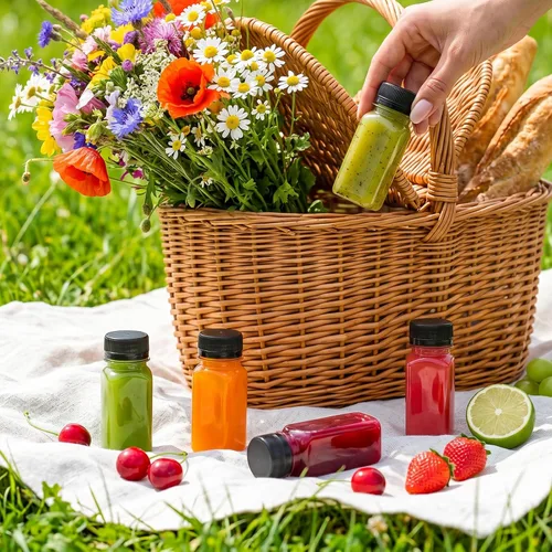 Vista 7 de TOMNK 12 botellas de plástico de 2 onzas con tapas, recipientes reutilizables transparentes a granel para bebidas de jengibre shot, jugo, leche