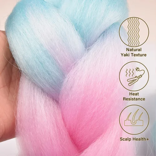 Vista 4 de BACANA Extensiones de cabello para trenzar en 4 tonos, degradado verde y rosa, extensiones de cabello colorido para trenzar, trenzas para niños