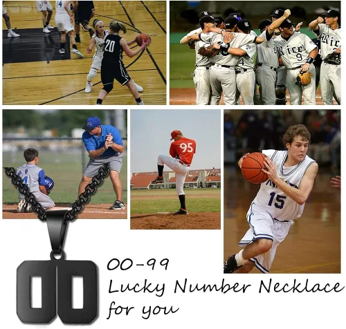 Vista 4 de Collar de números para niños y deportistas cadena negra de acero inoxidable de 00 a 99 dije de dije personalizado para hombres baloncesto béisbol