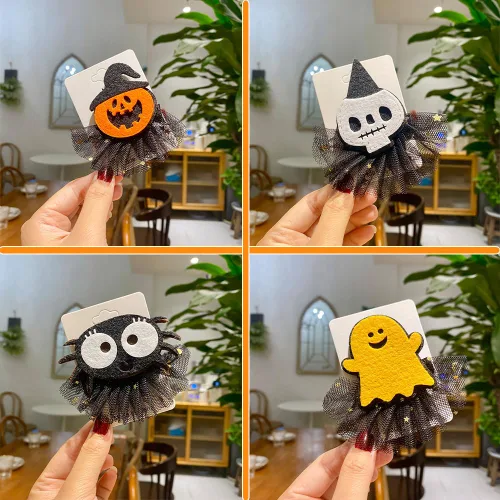 Vista 3 de Paquete de 4 horquillas para el cabello de Halloween, calabaza, fantasma, araña, calavera, pinzas para el cabello para niños y niñas, accesorios