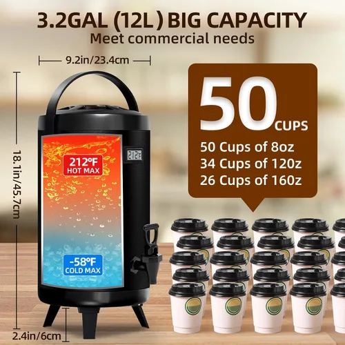 Vista 4 de Dispensador aislado de bebidas - Dispensador térmico de té frío y caliente - Acero inoxidable 12L/3.2 galones con espita para café caliente y té