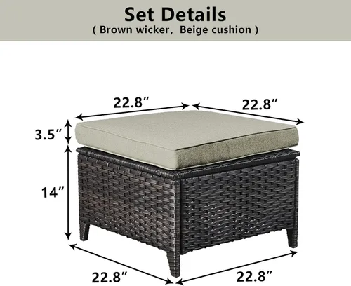 Vista 3 de Belord Juego de 2 taburetes otomanos de mimbre de ratán para todo tipo de clima, con cojines suaves para muebles de patio