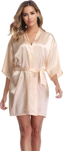 Vista 2 de Vlazom - Bata corta, kimono de satén para mujer, para novia y dama de honor, batas para fiestas de boda con brillantes dorados o diamantes