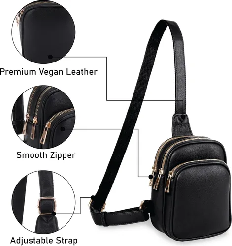 Vista 3 de Emperia Bolso bandolera pequeño con triple cremallera para mujer, de piel sintética, ligera, cangurera para el pecho para viajes, Negro -, Bolso