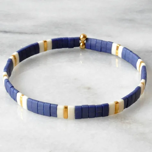 Vista 4 de Navy Blue 7 inch Tile Beaded Stretch Bracelet with Nautical Gold Tila Beads