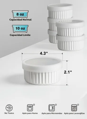 Vista 6 de LE TAUCI Ramequines con tapas de silicona, platos de cerámica para soufflé de 8 OZ, cuencos de ramekin para Crème Brûlée, postre, salsas, aptos
