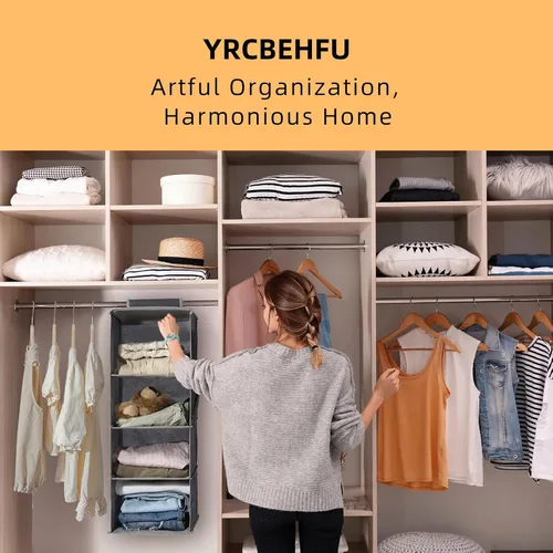 Vista 3 de 2 Packs Hanging Closet Organizer Storage, 3-Shelf Hanging Shelves for Closet, Closet Clothes Organizer and Storage with Side Pocket, Beige
