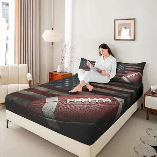 Vista 4 de Erosebridal Sábana bajera ajustable con la bandera estadounidense, sábanas de fútbol para niños, juego de ropa de cama de fútbol individual, juego