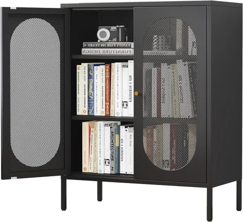 Vista 12 de Gabinete de almacenamiento de metal, soporte de TV de 2 puertas, armario decorativo con puertas y estante ajustable, armario de metal, mesita