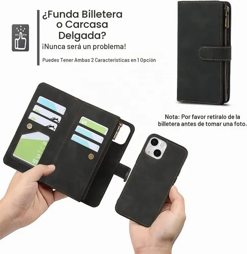 Vista 3 de iCoverCase Compatible con iPhone 13 - Funda tipo cartera para teléfono con tarjetero, piel sintética, bolsillo con cremallera, magnética Desmontable