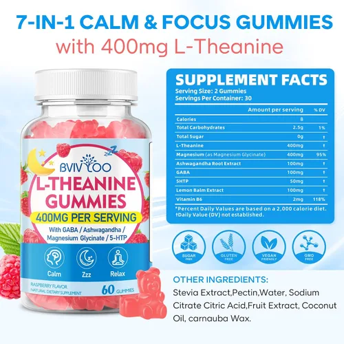 Vista 2 de Gomitas de L-teanina con L-teanina de 400 mg, Ashwagandha, GABA, 5-HTP, glicinato de magnesio para calma, ZZZ y apoyo de relajación, vegano, sabor a