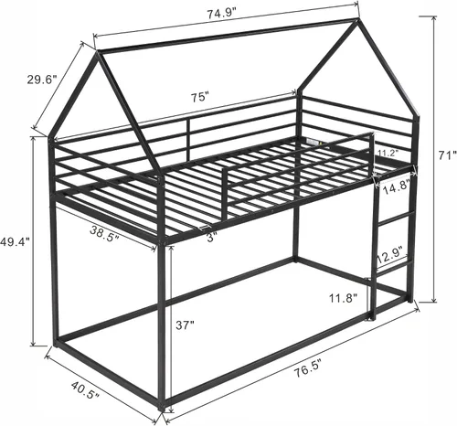 Vista 2 de Litera de casa individual sobre cama individual con escalera convertible integrada, diseño de casa de juegos de dormitorio, marco de cama de metal