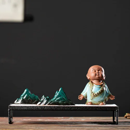 Vista 2 de Estatua de monje de Buda roja, figura de cerámica para bebé, té de monje zen, figura de mascota, estatua de meditación de 3.7 pulgadas para Azul