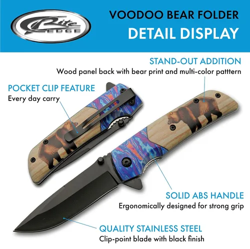 Vista 2 de SZCO Supplies Cuchillo plegable al aire libre de 8 "Bear Printed Assisted Open Liner Lock EDC para exteriores, marrón