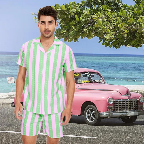 Vista 4 de Disfraz de Ken para adulto, Ken Cosplay Casual Playa a juego, camisa y pantalón corto a rayas para hombre, para fiesta de Halloween