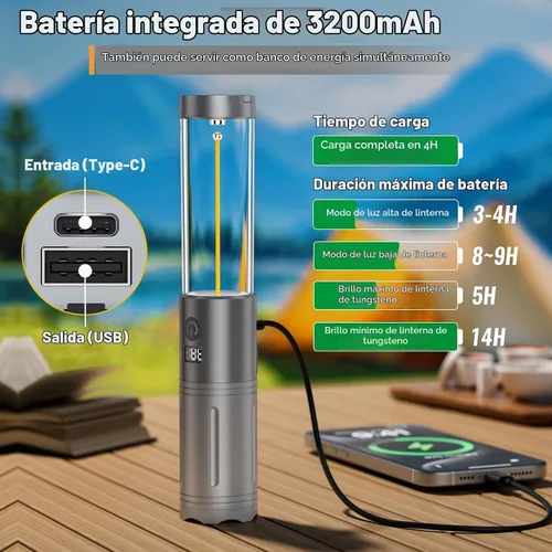 Vista 2 de Linterna LED para campamento, hasta 350 horas de luz de campamento recargable, 4 modos de linterna al aire libre con luz roja, resistente al agua