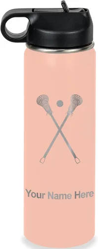 Vista 64 de LaserGram Botella de agua personalizada, palitos de lacrosse, acero inoxidable de doble pared aislada al vacío con popote superior, regalo grabado