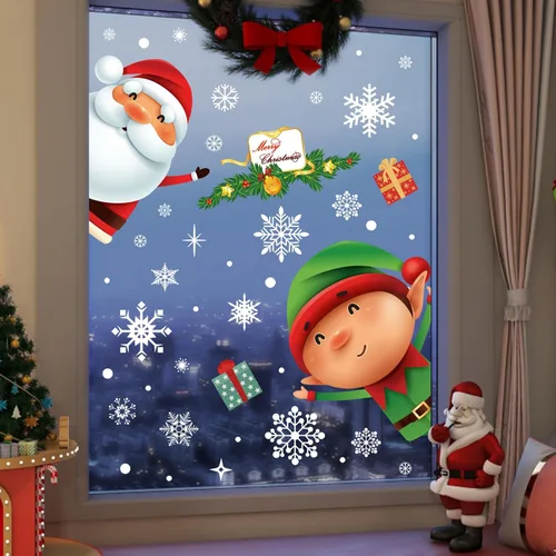 Vista 3 de 146 calcomanías navideñas de copo de nieve para ventanas, adhesivos de ventana de Navidad, calcomanías de Navidad de doble cara, Papá Noel, elfo