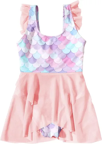 Vista 2 de Traje de baño de una pieza para niñas, con mangas con volantes, de sirena, vestido de tul
