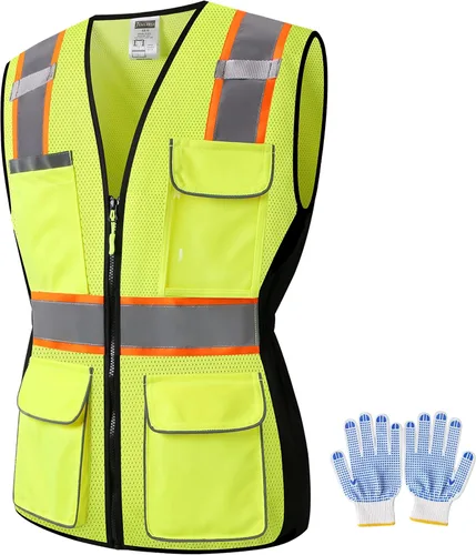 Vista 10 de Chaleco de seguridad para mujer, múltiples bolsillos, de alta visibilidad, reflectante, malla transpirable, chaleco de trabajo para dama, cremallera