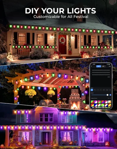 Vista 3 de Avatar Controls Luces de Navidad inteligentes C9 para exteriores, 33 pies, 50 LED, aplicación y control remoto, sincronización de música, 16 M