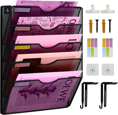 Vista 17 de Organizador de archivos de pared de malla con 1 bolsillo, organizador de archivos para colgar en la oficina, revistero, juego de ganchos