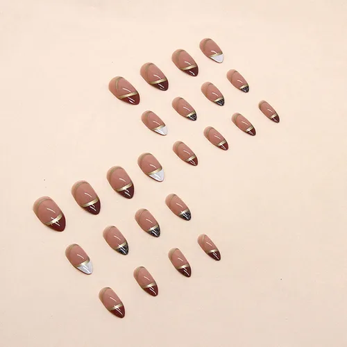 Vista 3 de Uñas postizas cortas francesas en forma de almendra con diseño de línea dorada y estampado de leopardo, uñas artificiales acrílicas de cobertura