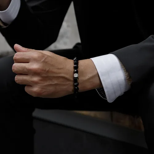 Vista 3 de AWNL Pulsera de cuentas para hombre con dije de plata de ley de 0.394 pulgadas (0.394 in) de oro, obsidiana y ojo de tigre natural, regalo