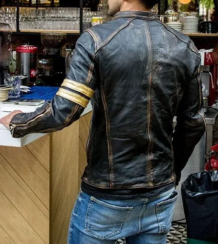 Vista 2 de Unique Elite - Chaqueta de cuero envejecida para motocicleta, estilo vintage Café Racer para hombre, chaqueta de cuero marrón para hombre