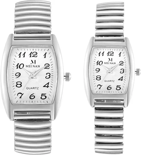 Vista 6 de Lancardo Reloj de pulsera con correa elástica para parejas, esfera de números grandes, correa elástica, rectangular, fácil de leer