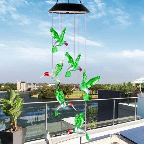 Vista 4 de Regalos para mamá de hija, hijo, esposo, campanillas de viento LED solares de colibrí para interiores y exteriores, el mejor regalo para el día