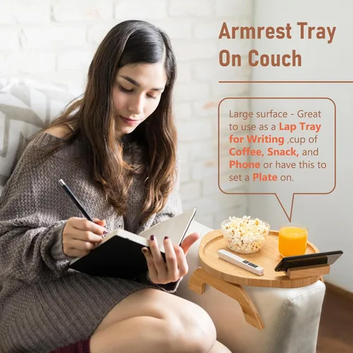 Vista 14 de SINWANT Mesa de brazo de sofá, mesa grande de bambú con clip para sofá con soporte para teléfono de 360°, mesa plegable para reposabrazos de sofá