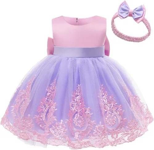 Vista 3 de 3M-6T - Vestido de encaje con lazo para niñas pequeñas, vestido de bordado con gorro