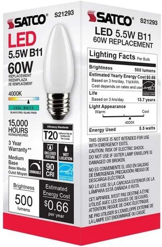 Vista 8 de Satco 6Pk 5.5w B11 LED 4000K base media esmerilada regulable - 60w equiv