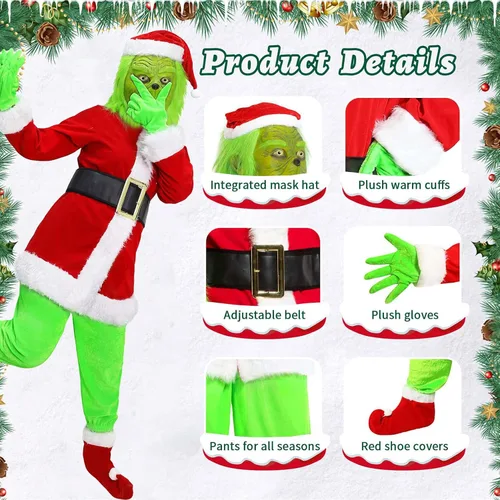 Vista 6 de WANFUY 6PCS Green Big Monster Costume For Adult Kids Deluxe Christmas Santa Costume With Mask Christmas Cosplay Costume
