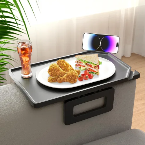 Vista 8 de Smatdecis Bandeja de brazo para sofá, mesa de clip para brazos, mesa de bandeja para reposabrazos adecuada para bebidas caseras, comida rápida, Negro